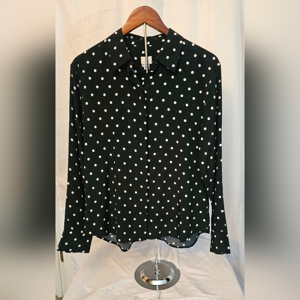 A New Day Black With White Polka Dots Button Down Shirt, Sz. Small, NWT